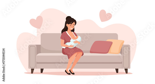 Illustration of a happy mother breastfeeding her newborn baby on a comfortable sofa evoking love