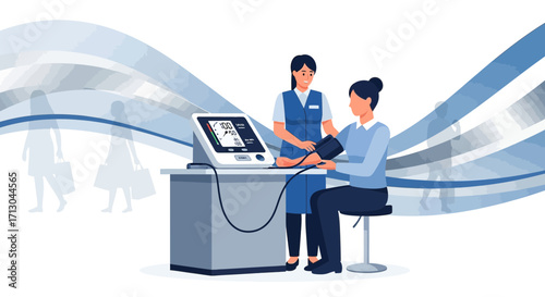 Illustration of a healthcare worker taking a patient's blood pressure in a clinic setting showing