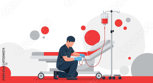 Illustration of a healthcare worker connecting a blood bag to a patient on a hospital bed during a