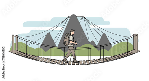 Illustration of a male hiker crossing a suspension bridge with mountain backdrop for adventure