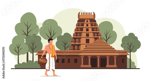 Illustration of a Hindu priest walking towards an ancient Indian temple surrounded by trees