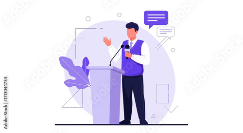 Illustration of a man giving a speech on a podium with abstract background elements to enhance