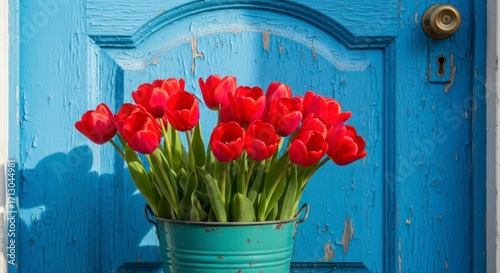 Sunlit Crimson Tulips in a Rustic Pail Against a Charming Arched Blue Door.