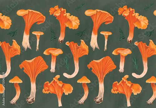Chanterelles pattern on a black background. Various mushrooms, various natural materials. The basis for decor of fabric, paper, notebook covers, wallpapers. Vector pattern with edible raw mushrooms.