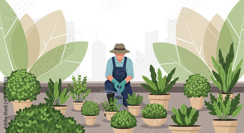 Illustration of a man gardening in an urban rooftop garden with potted plants