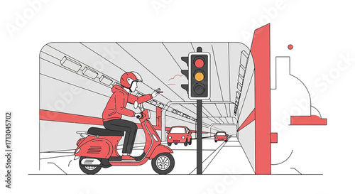 Illustration of a motorcyclist waiting at a traffic light in a tunnel under construction