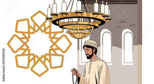 Illustration of a Muslim man praying with rosary beads in a mosque with chandelier showing