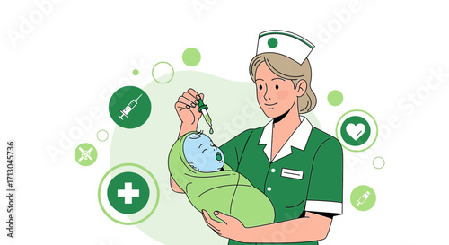 Illustration of a nurse administering medication to a newborn with medical icons background
