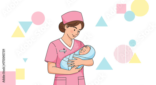 Illustration of a nurse holding a newborn baby with geometric shapes background design providing