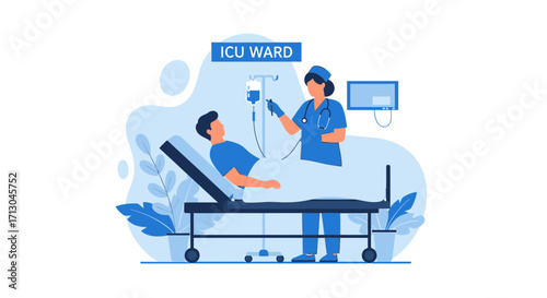 Illustration of a patient in an ICU ward receiving medical care and monitoring by a nurse