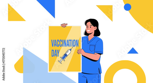 Illustration of a nurse holding a vaccination day poster with a colorful background and modern