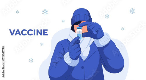 Illustration of a person in winter clothing holding a vaccine vial during winter season