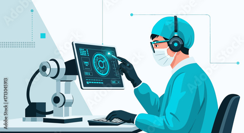 Illustration of a surgeon in futuristic operating room controlling robotic arm technology