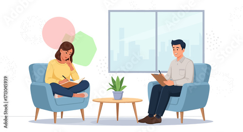 Illustration of a therapy session showcasing empathy, communication, and mental wellness in a clinic