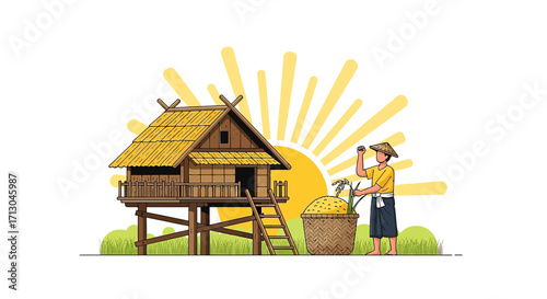Illustration of a traditional stilt house and a farmer harvesting rice at sunrise expressing
