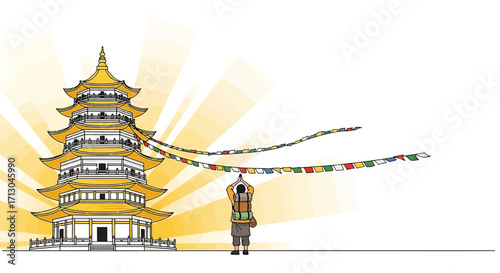Illustration of a traveler meditating in front of a pagoda with prayer flags creating a peaceful