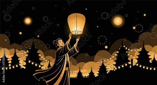 Illustration of a woman releasing a khom loi lantern during the yi peng festival celebration
