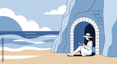 Illustration of a woman writing in a cave overlooking the sea perfect for backgrounds travel blog