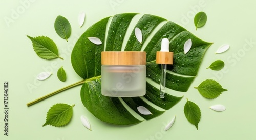 Natural Skincare Still Life - Bamboo Cosmetics on a Dewy Monstera Leaf Flat Lay.