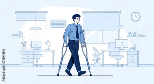 Illustration of an injured businessman walking with crutches in a modern office space