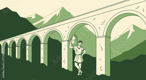 Illustration of ancient Roman aqueduct with mountains in the background and a person carrying