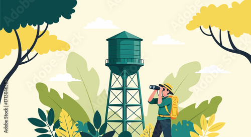 Illustration of explorer with binoculars near water tower in a natural environment vector art