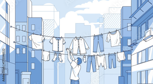 Illustration of urban laundry day scene with man hanging clothes between buildings creating a