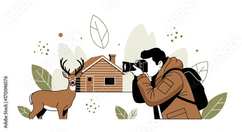 Illustration showcasing wildlife photography with a deer and a photographer in nature scene
