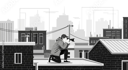 Illustrative representation of a photographer capturing the city skyline from a rooftop in black