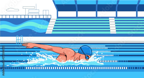 Illustrative swimmer in butterfly stroke during competition at indoor pool facility