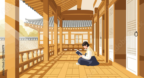 Korean woman reading book in traditional Hanok house offering a serene and cultural experience