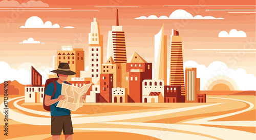 Lost in the City: A Tourist Navigating with a Map Amidst Skyscrapers and Urban Landscape