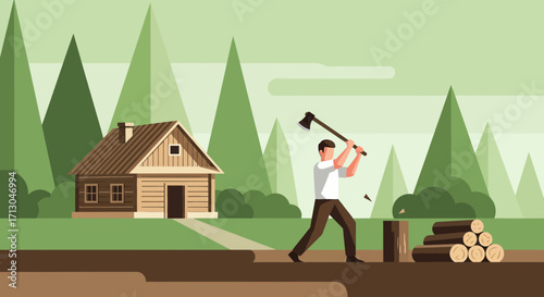 Lumberjack chopping wood with cabin and forest background in minimalist vector style illustration