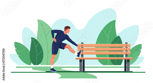 Man stretching leg on park bench for fitness and flexibility lifestyle vector art