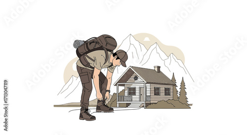 Man Tying Shoelaces Before His Adventure in Mountainous Region Near a Cozy Cabin