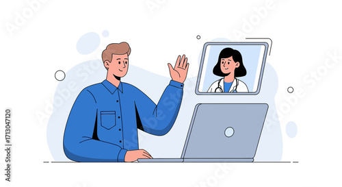Man using a laptop for a telehealth appointment with a friendly woman doctor smiling attentively