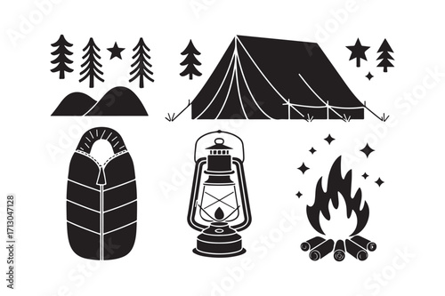 Camping adventure icons featuring tent sleeping bag lantern and campfire