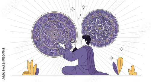 Man in meditation with mandalas radiating energy, creating a serene and spiritual atmosphere