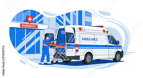 Medical Emergency Response Illustration: Healthcare worker pulling gurney from ambulance at