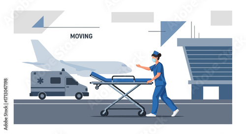 Medical evacuation scenario at an airport with healthcare professional and ambulance emergency