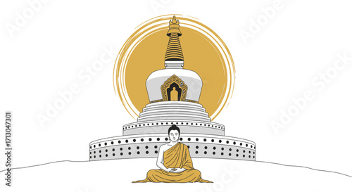 Meditating monk in front of a stupa illustration conveying serenity and mindfulness promoting