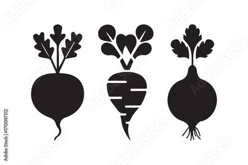 Three black silhouettes of root vegetables with greens