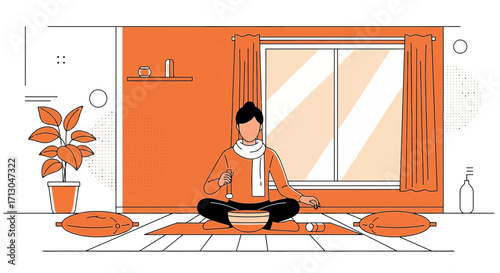 Meditating woman at home interior creates serene atmosphere and promotes well being relaxation