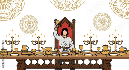 Medieval Feast: King Celebrating with Wine in a Lavishly Decorated Hall with Candles