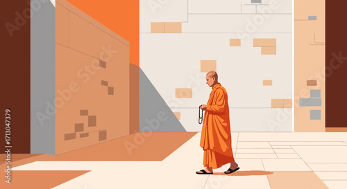 Minimalist illustration of a buddhist monk walking in a temple courtyard in prayer