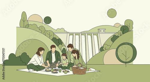 Monochrome illustration of a family enjoying a picnic in a scenic natural landscape near a dam
