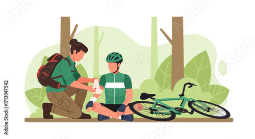 Mountain biker injured in the woods receiving first aid from a fellow hiker assistance illustration