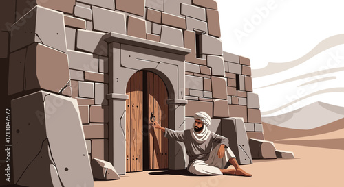 Mysterious Traveler at Ancient Doorway Illustration Depicting History and Culture