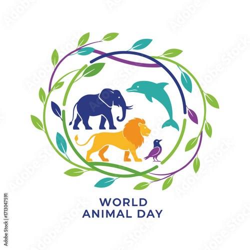 Colorful World Animal Day logo with elephant, lion, dolphin and bird in vibrant flat design surrounded by green leafy wreath