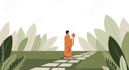 Peaceful journey of a monk with a prayer wheel through a serene garden landscape illustration